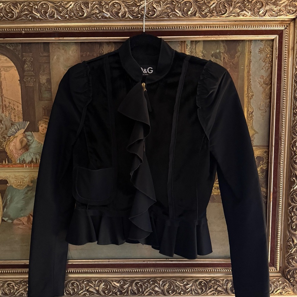 Vintage D&G Dolce and Gabanna Black Ruffled Evening Silk Jacket